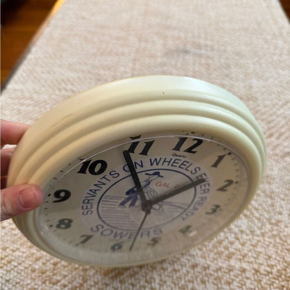Servants on Wheels Ever Ready SOWERS Cream Wall Clock with Blue Accents